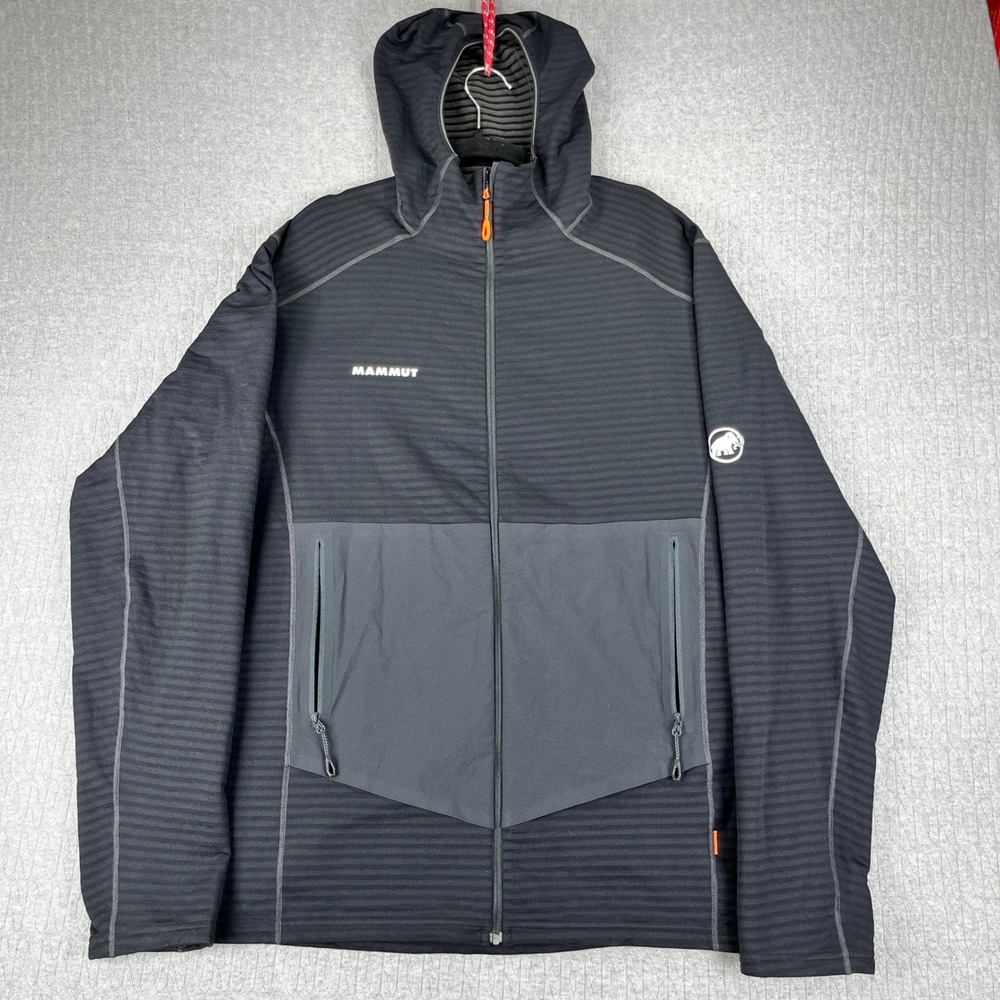 Mammut Hooded Fleece Jacket Mens 2XL Black Striped Full Zip Outdoor Gorpcore